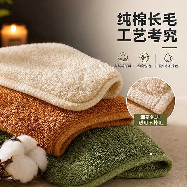 [主图-3] 纯棉长毛毛巾材质工艺细节图，展示长毛肌理与包边工艺。
[统一基调] 1688 B端源头工厂风格，温馨暖调自然光，浅灰+原木色背景，主标题深炭灰色粗黑体，辅助文字中灰色简洁无衬线体，强调色橄榄绿用于标签和图标，整体干净稳重有品质感。
[画面] 使用图3场景毛巾为主体，画面采用微距特写视角，聚焦毛巾的长毛绒面纹理，绒毛根根分明，蓬松立体。画面中展示三条毛巾的局部（米白、焦糖棕、橄榄绿），错落叠放在浅米色台面上。右上角放大展示毛巾的包边工艺细节，用细线引线指向包边位置，标注"细密包边 耐用不掉毛"。左下角展示棉花原料意象，一小团洁白棉花放在毛巾旁，呼应纯棉材质。主体占画面约75%，背景为深色调虚化环境，左侧有温暖的烛光点缀（参考图3左侧蜡烛氛围），突出品质感。
[光影质感] 商业摄影质感，左侧暖调侧光，毛巾绒毛有强烈的立体感和光泽感，每根绒毛都有明暗层次，包边缝线清晰整齐，整体质感高级细腻。
[配色] 背景深暖灰色，毛巾多色，文字深炭灰+橄榄绿强调，整体暗调高级突出材质。
[文字版式] 画面右侧竖排主标题"纯棉长毛 工艺考究"（横排，靠右上），下方三个工艺卖点横向排列："长绒棉原料"、"细密包边"、"不掉毛不掉色"，每项配一个小图标。用细线引线指向毛巾对应的细节位置。
[输出要求] 1:1正方形，2048x2048，文字清晰可读，毛巾绒毛纹理清晰，禁止变形、错字、模糊、杂乱、水印、平台Logo。