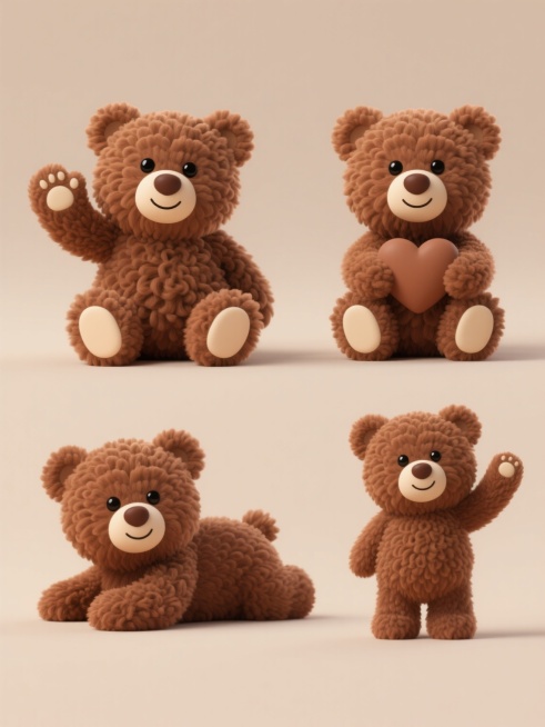 一套4个完全不同造型的棕色卷毛小熊系列素材集合，每个小熊保持相同的3D立体毛绒质感，圆形黑色眼睛，棕色鼻头和微笑嘴型，米白色脚掌，在纯色背景上呈规整排布。小熊造型分别为：1. 挥手坐姿，2. 抱心姿势，3. 趴卧姿态，4. 站立举臂。所有小熊保持统一的暖棕色毛发纹理、柔和光影效果及可爱卡通风格，整体构图均衡对称，展现系列化设计感。预览效果