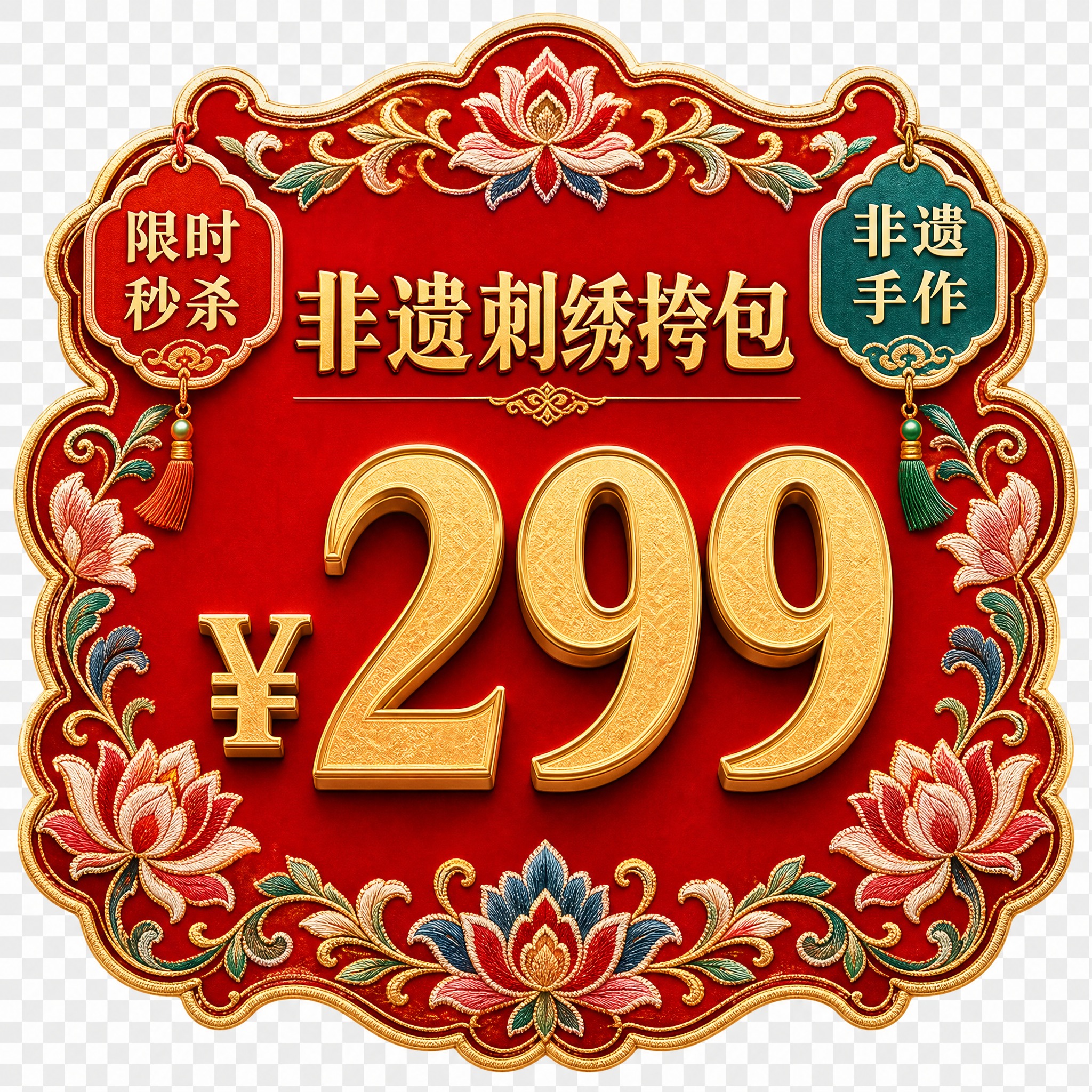 国潮新中式风格直播价格标签贴片，方形构图，透明背景PNG质感。… - 图片创意预览