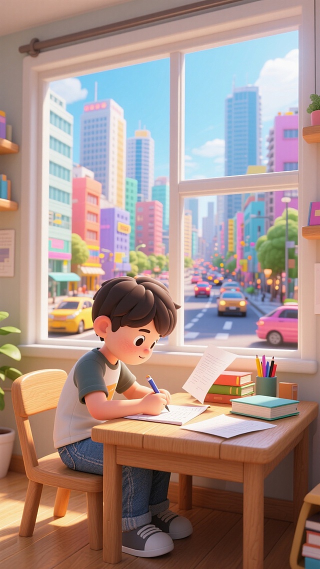 清新卡通插画风，软3D效果展现温馨学习场景，窗外城市色彩斑斓，充满活力。