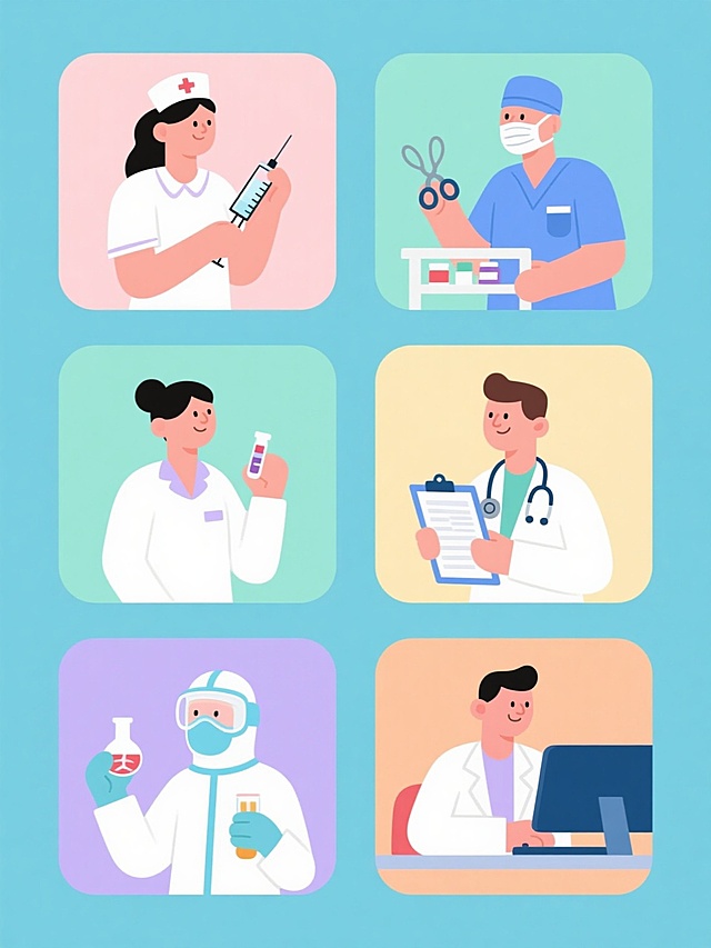 一组6个医疗职业人物的扁平风格插画，每个元素独立在纯色背景上，保持统一的卡通扁平风格，包括圆润的线条、简洁的色块、柔和的阴影和高光处理。角色包括：1. 穿着白色护士服、手持注射器的女性护士，配浅粉色背景；2. 戴着手术帽和口罩、手持手术钳的外科医生，配浅蓝色背景；3. 穿着蓝色制服、推着药品车的药剂师，配浅绿色背景；4. 戴着听诊器、记录病历的儿科医生，配浅黄色背景；5. 穿着防护装备、手持检测样本的实验室研究员，配浅紫色背景；6. 坐在电脑前、分析X光片的放射科医生，配浅橙色背景。所有元素保持相同的构图比例和视觉重量，规整排列成2行3列的网格布局，整体色彩明快协调，符合医疗行业专业、亲切的视觉传达需求。