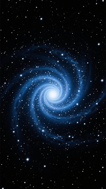 深邃的黑色宇宙背景，中心是结构清晰、形态优美的螺旋星系，星系主体采用深蓝与浅蓝的渐变配色，由中心向外呈现出明亮的蓝白色核心逐渐过渡到深邃的蓝色旋臂，旋臂上点缀着大量细密闪烁的白色恒星，无数细小的白色星光散布在整个黑色背景中，整体画面色彩简单干净，营造出宁静而神秘的宇宙氛围，无任何文字及标识元素。预览效果