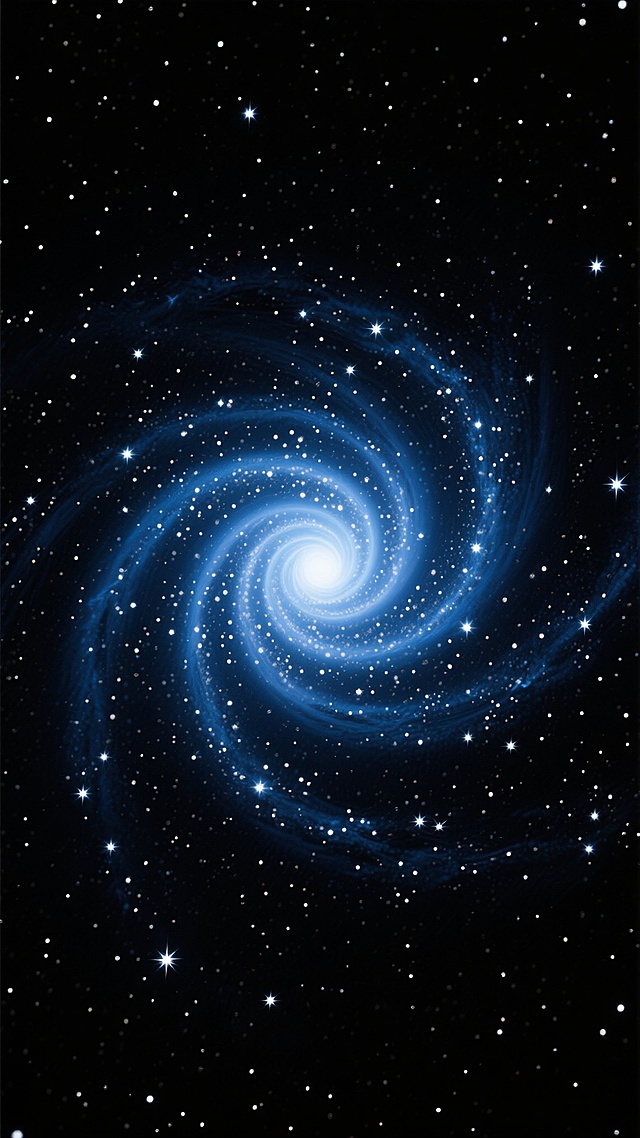 深邃的黑色宇宙背景，中心是结构清晰、形态优美的螺旋星系，星系主体采用深蓝与浅蓝的渐变配色，由中心向外呈现出明亮的蓝白色核心逐渐过渡到深邃的蓝色旋臂，旋臂上点缀着大量细密闪烁的白色恒星，无数细小的白色星光散布在整个黑色背景中，整体画面色彩简单干净，营造出宁静而神秘的宇宙氛围，无任何文字及标识元素。