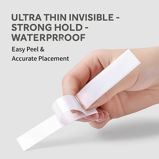 Product detail features display, a hand peeling the white fashion tape, show the ultra-thin clear design and strong adhesive features, English text "ULTRA THIN INVISIBLE - STRONG HOLD - WATERPROOF", "Easy Peel & Accurate Placement", consistent simple font style, 1:1 square, clean neutral background, highlight product material advantage, American aesthetic suitable for Shein
