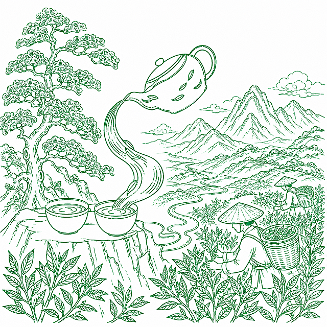 参考原图的绿色线稿风格，重新生成：画面右侧开阔区域远处是山脉，前景有茶树和挑茶的工人，补充完整画面左侧的松树，保持原有的茶壶向茶杯倒水的主体构图