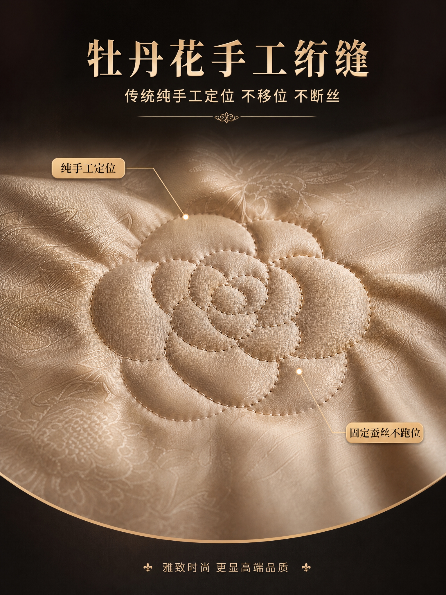 [商品] 使用【图5】牡丹花绗缝特写图；保留香槟金提花面料、牡… - 图片创意预览