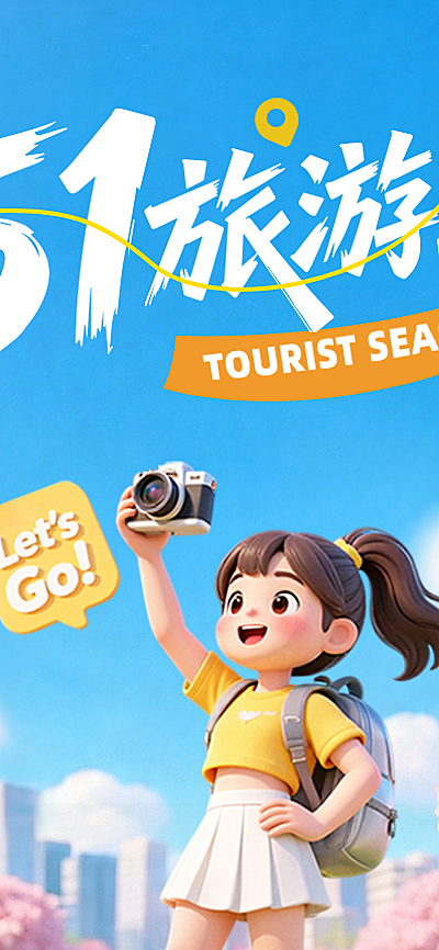 五一旅游出行3D卡通感长图海报