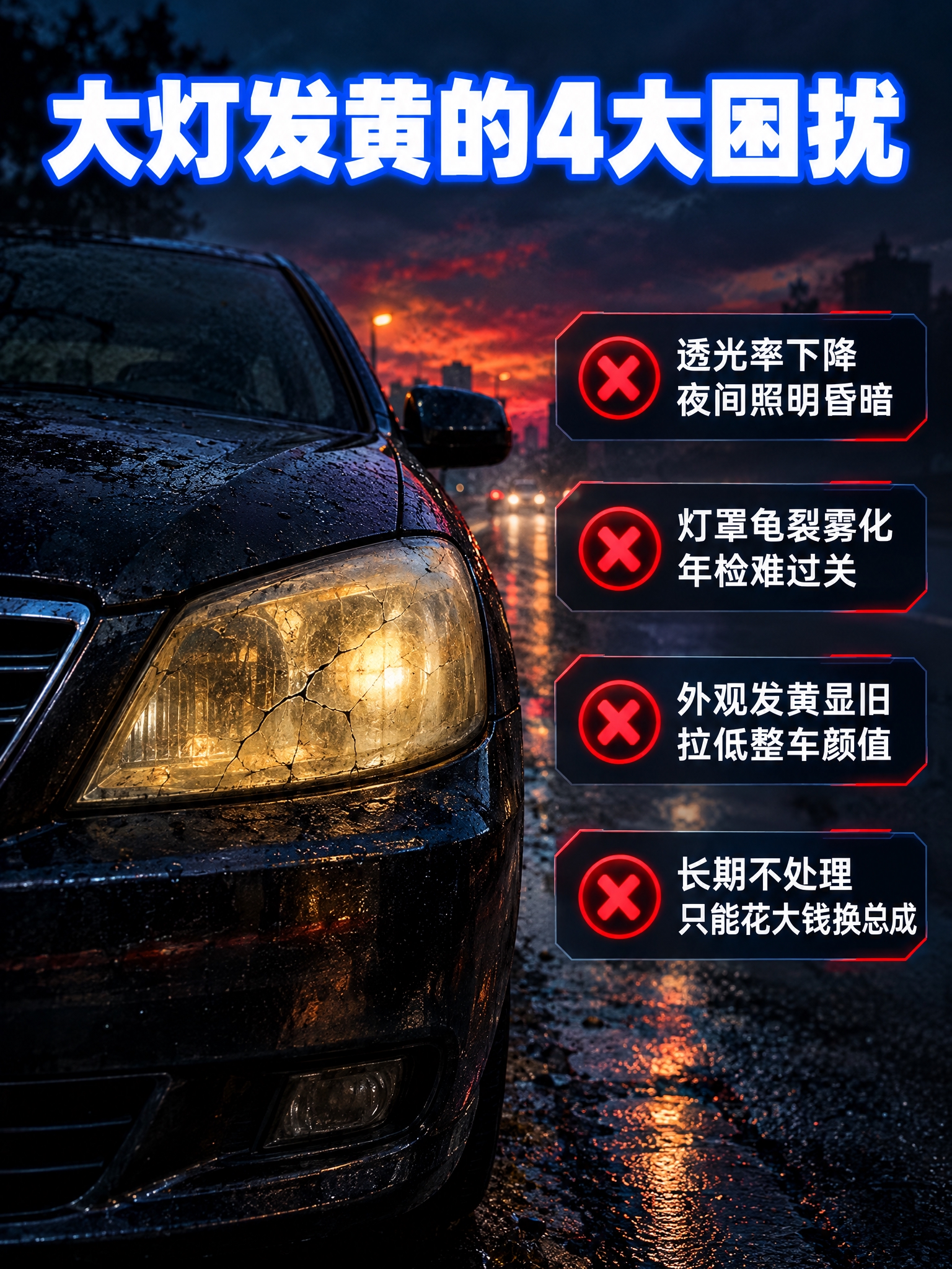 [商品] 本页为痛点直击页，使用真实发黄老化的汽车大灯场景作为… - 图片创意预览