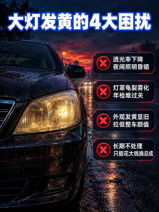 [商品] 本页为痛点直击页，使用真实发黄老化的汽车大灯场景作为视觉主体。
[画面] 痛点直击页，目标激发用户对大灯发黄问题的重视。红黑暗调汽车黄昏背景，左侧一辆大灯发黄龟裂的轿车停在夜间路边，灯光昏暗发散；右侧4个痛点条目从上到下排列，每条配红色叉号图标；顶部大标题点明主题。
[视觉] 套系策略：风格=酷黑科技汽车用品商业摄影；标题字=白色粗体蓝色描边无衬线大字；正文字=白色简洁无衬线体；主色=深邃黑蓝+暗红暗调；背景延展=基于深黑蓝做暗调黄昏、雾气、昏暗车灯、路面湿冷质感；强调色=警示红（仅本页痛点叉号和高亮用）+电光蓝（标题描边）；标题色=白色粗体带蓝色描边；正文色=白色/浅灰；组件=红色叉号图标、痛点条目卡片；光影=昏暗暖黄车灯+冷蓝环境光对比，营造困扰氛围。
[文字] 顶部大号白色粗体蓝色描边主标题"大灯发黄的4大困扰"；下方4条带红色叉号的痛点横排文字：透光率下降 夜间照明昏暗；灯罩龟裂雾化 年检难过关；外观发黄显旧 拉低整车颜值；长期不处理 只能花大钱换总成；文字全部横排，字号保证手机端清晰可读。
[规格] 图片比例3:4竖版，2K分辨率，高清写实；负向：变形、错字、文字过小、价格按钮、平台Logo、竖排文字。
