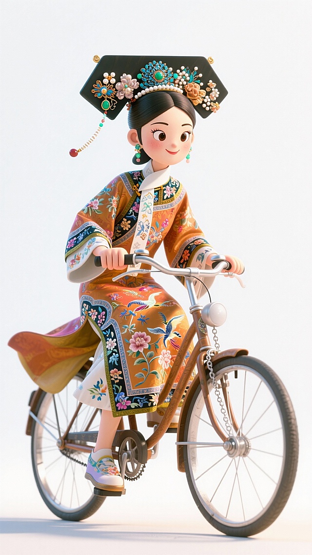 清朝格格骑共享单车，背景要白色