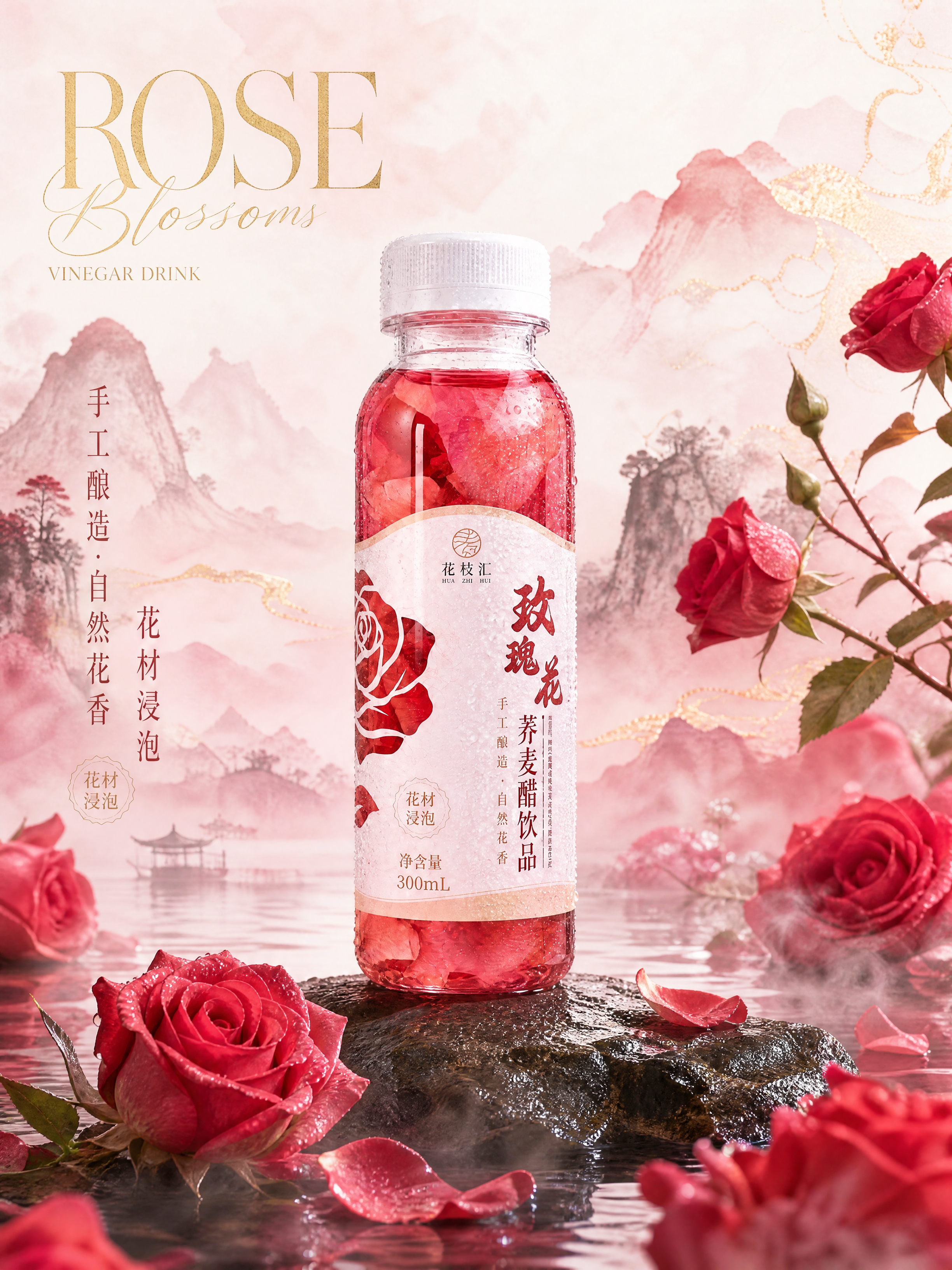 商业饮料国风海报摄影，画面中心是产品瓶身，完整保留瓶身原有标签… - 图片创意预览