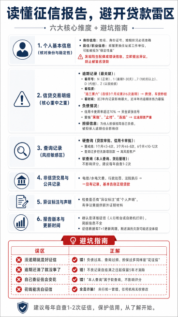 制作一张征信解读知识科普海报，专业简洁风格，主色调深蓝色#2C3E50搭配白色背景，整体排版采用卡片式分栏布局，每个板块用浅灰色背景区分，增强可读性。

主标题："读懂征信报告，避开贷款雷区"，大号加预览效果