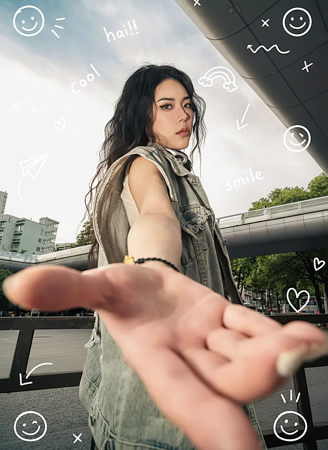 给图1加上图2这种手绘风格的涂鸦，效果卡通日常