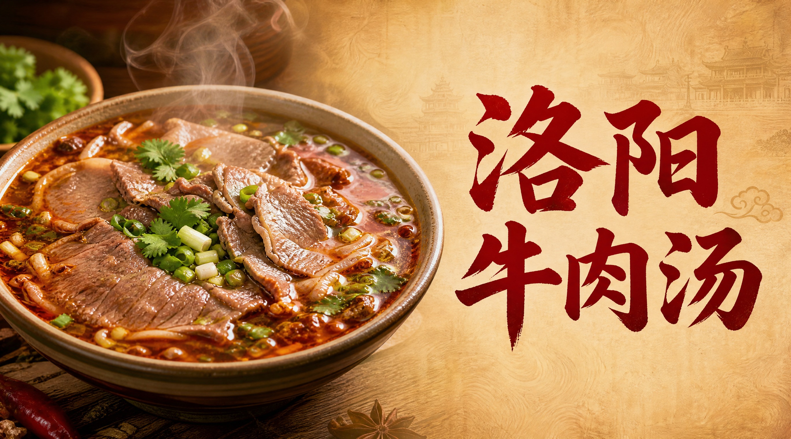 洛阳牛肉汤店铺店招设计，702x392横版构图。画面左侧是一大… - 图片创意预览