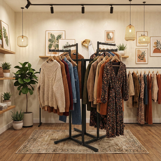 这是一个四杆服装架 放在服装店里展示服装 生成两张960*700的场景图片预览效果