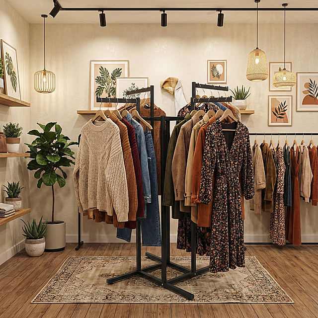 这是一个四杆服装架 放在服装店里展示服装 生成两张960*700的场景图片