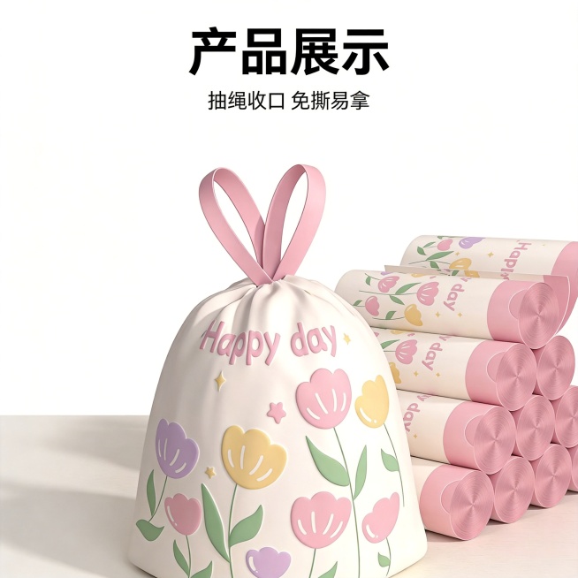 [主图-2] 产品整体展示图，展示抽绳免撕垃圾袋的完整包装和展开产品。保持垃圾袋粉色郁金香图案、抽绳颜色和材质质感与输入产品图绝对一致。商品主体占比约70%，纯浅白色背景，画面干净整洁。[氛围风格]预览效果