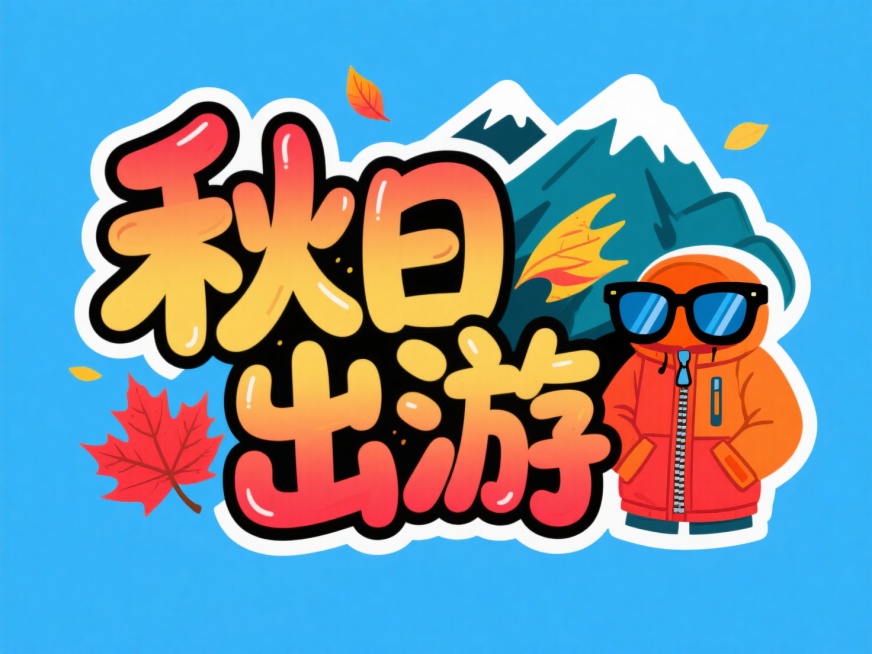 字体"秋日出游"，创意字体设计增加枫叶、山、墨镜、冲锋衣等秋日小元素元素，涂鸦风格，蓝色背景。预览效果