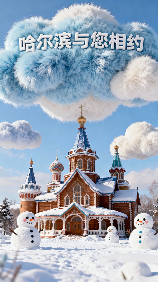 梦幻软3D风雪景，毛发生长云朵与萌趣雪人环绕童话教堂，虚拟现实中的哈尔滨冬日奇遇。