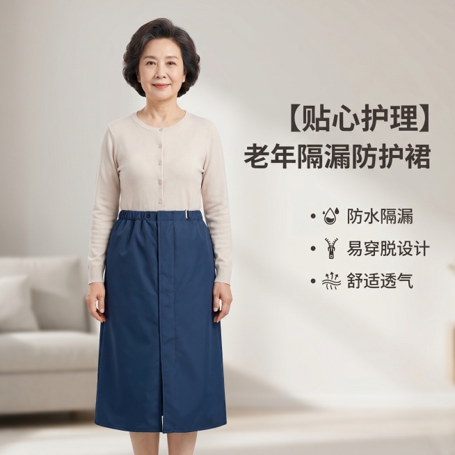 [主图 1] 老年隔漏裙核心功能首图，资深中老年女性模特上身展示
[氛围风格] 干净实用的专业电商风格，简约生活化场景
[画质] 商业摄影质感、光线柔和通透、产品清晰真实、画面干净高级
[元素] 藏青预览效果