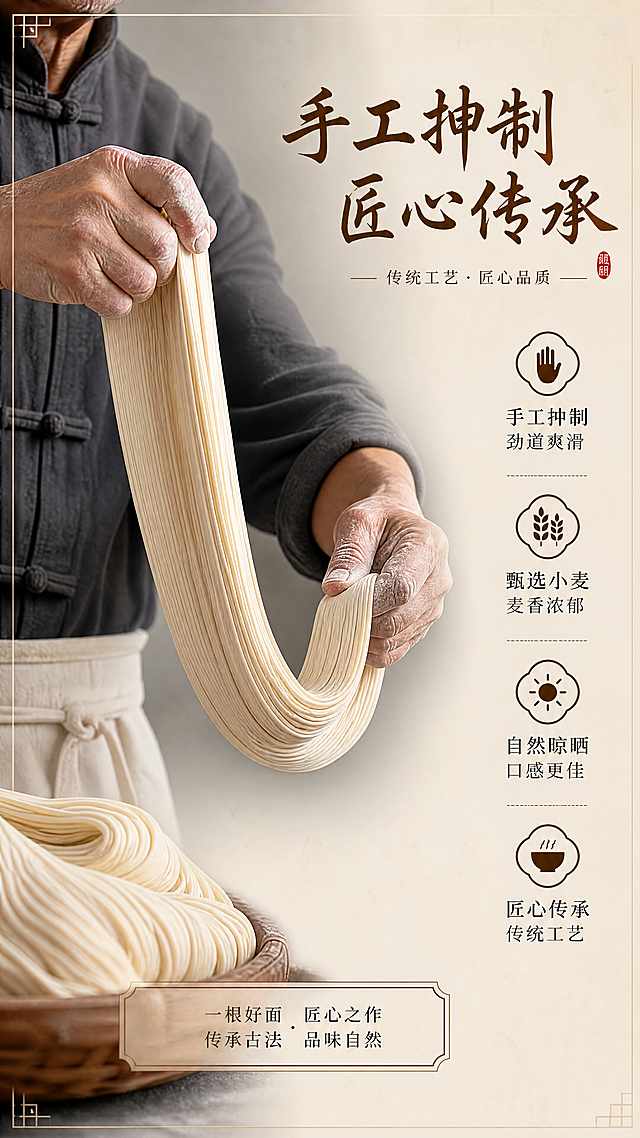 [第5屏] 匠人手工展示-老师傅手工抻面过程。
氛围风格：高端新中式，匠人氛围，真实自然，突出匠心品质。
元素布局：主体手部抻面动作，浅灰案板背景，右侧文字区，左下角衬成品挂面，传统质朴。
光影：柔和室内光，手部细节清晰，影调沉稳。
配色：全局底色#F5F0E6，主体自然色调+#8B4513+#4A6F3E，辅助#222222。
文字：顶部「手工抻制 匠心传承」棕色书法。
比例：9:16竖版，4K，文字清晰。
负向提示：动作变形，背景杂乱