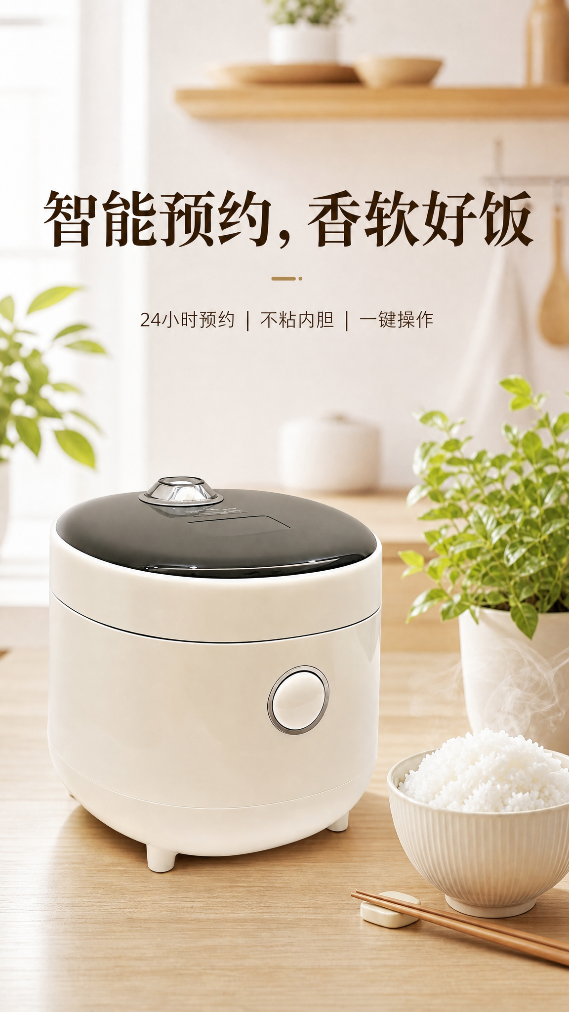 基于参考图中的电饭煲产品，生成一张电饭煲电商海报。画面主体为白… - 图片创意预览