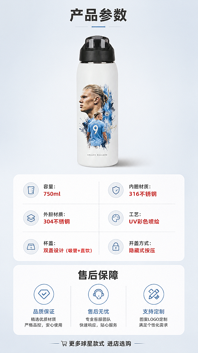 [第8张] 详情页规格参数与售后保障。本张使用【图5】哈兰德曼城款水杯作为产品标准照。
[氛围/风格] 简洁专业风，浅灰蓝背景，信息清晰规整，可信可靠。
[元素布局] 水杯置于画面上方中央，占比约35%；下方为参数信息卡和售后保障区；背景为浅灰蓝色渐变，简洁干净；杯身结构、颜色、图案与输入产品图一致。
[光影质感] 均匀柔光照明，杯身清晰，底部柔和投影，整体干净明亮。
[配色色系] 全局底色 #F0F4F8 浅灰蓝；主色深灰文字、白色杯身；辅助色红色强调、蓝色图标。
[视角构图] 上下构图，正面视角，阅读动线上方产品 → 中部参数表 → 底部售后保障。
[文字版式] 顶部主标题「产品参数」，深灰粗黑体；参数表分两列：「容量：750ml」「内胆材质：316不锈钢」「外胆材质：304不锈钢」「工艺：UV彩色喷绘」「杯盖：双盖设计（吸管+直饮）」「开盖方式：隐藏式按压」；底部售后保障区三图标：「品质保证」「售后无忧」「支持定制」，配简短说明；最下方小字「更多球星款式 进店选购」。
[比例分辨率] 9:16 竖版比例，4K分辨率，文字清晰可辨，高清画质。
[负向提示词] 杯身变形，图案错误，参数错误，颜色偏差，水印，文字错乱，产品图模糊。