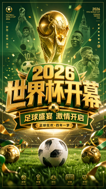 3D渲染风格世界杯主题海报，主标题"2026世界杯开幕"，副标题"足球盛宴 激情开启"，装饰文案"足球狂欢·四年一梦"。画面充满足球元素，背景包含世界杯经典奖杯、绿茵球场、多个足球纹理装饰，整体风格激预览效果