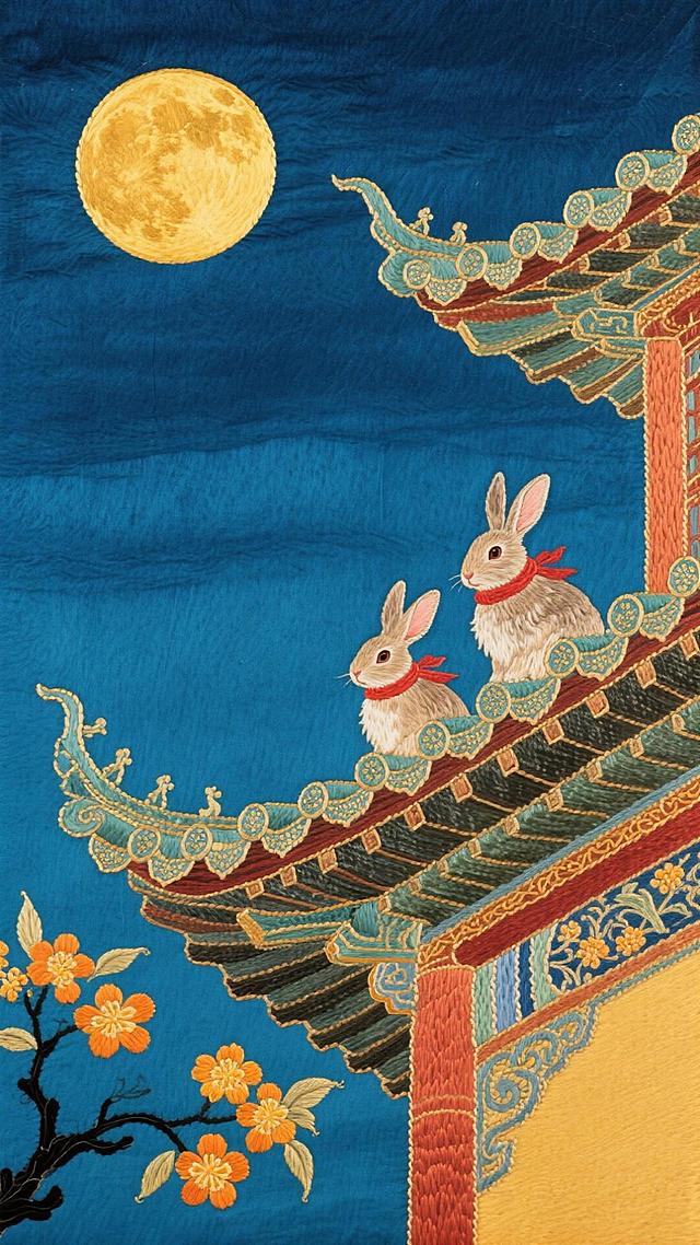 工笔风刺绣质感，古典中式建筑与玉兔共赏明月，浮世绘式构图，唯美梦幻，中秋意境跃然其上。