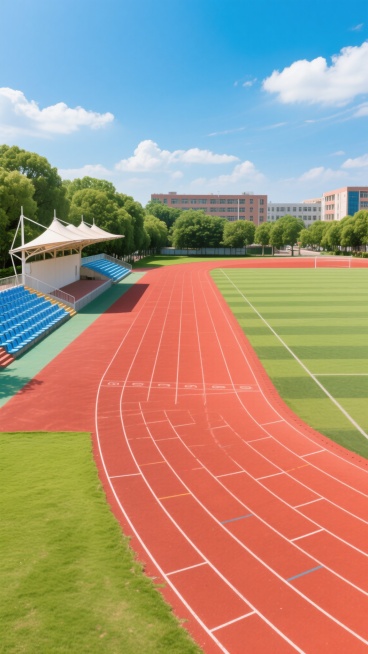 阳光明媚的常规学校操场，红色塑胶跑道上画着清晰的白色分道线，跑道内侧是修剪整齐的绿色草坪，左侧有带遮阳顶棚的蓝色看台座椅，远处背景是绿树和教学楼，天空湛蓝飘着几朵白云，高角度俯拍视角，明亮的自然光，色彩鲜艳饱和，清晰的细节纹理，写实摄影风格。预览效果