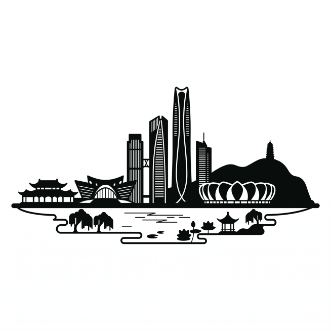 济南城市剪影矢量图，线条简洁流畅，黑色剪影呈现济南代表性建筑天际线，平面矢量设计风格，干净背景，轮廓清晰预览效果