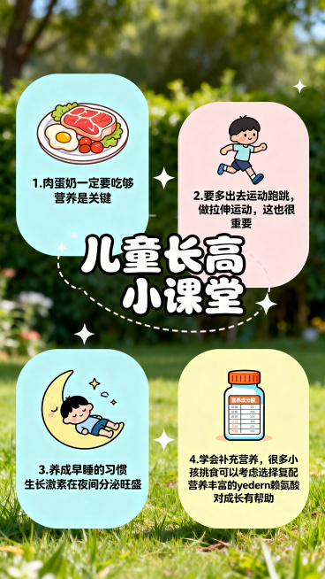儿童长高知识科普海报，包含四点内容：1.肉蛋奶一定要吃够 营养是关键 2.要多出去运动跑跳，做拉伸运动，这也很重要 3.养成早睡的习惯 生长激素在夜间分泌旺盛 4.学会补充营养，很多小孩挑食可以考虑选预览效果