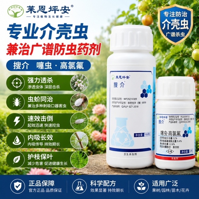 「图片1」，生成电商主图（1张），商品名称是莱恩坪安搜介噻虫·高氯氟药剂，LOGO是「图片1」，参考版式「图片1」，卖点是：莱恩坪安搜介噻虫·高氯氟药剂，搭配园林苗木、果树乔木做背景，产品包装印刷清晰预览效果