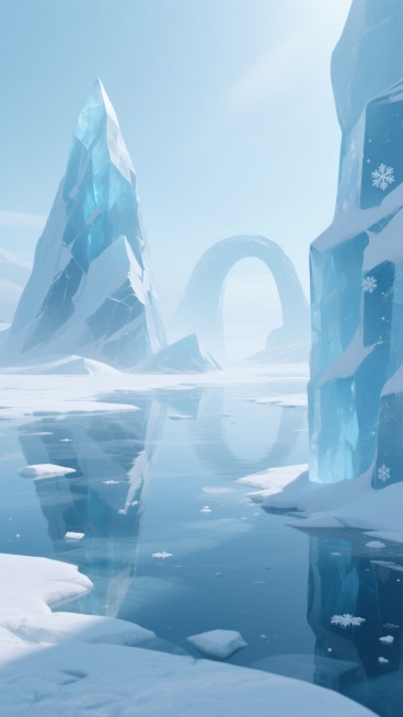 3D渲染风格的冰雪奇幻场景，以纯净的浅蓝色和冰白色为主色调，柔和的漫射光源从上方照射，在冰面上形成淡淡的高光和细腻的阴影，整体呈现出宁静、梦幻而略带清冷的氛围。前景左侧有一块棱角分明的巨大冰柱，表面点缀着少量精致的雪花图案，其晶莹剔透的质感清晰可见。中景是几座形态各异的冰山，其中一座高耸的冰峰占据画面左侧主要位置，冰峰表面有不规则的断裂面和冰棱，折射出微妙的蓝光；右侧远处矗立着一个巨大的冰拱，……预览效果