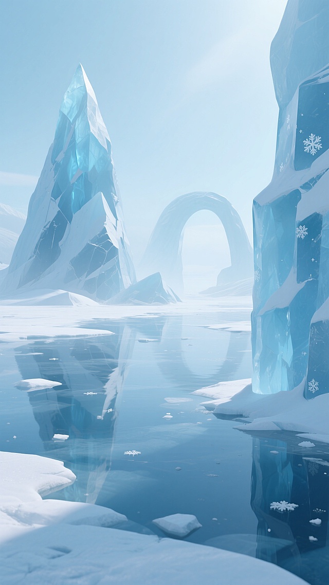 3D渲染风格的冰雪奇幻场景，以纯净的浅蓝色和冰白色为主色调，柔和的漫射光源从上方照射，在冰面上形成淡淡的高光和细腻的阴影，整体呈现出宁静、梦幻而略带清冷的氛围。前景左侧有一块棱角分明的巨大冰柱，表面点缀着少量精致的雪花图案，其晶莹剔透的质感清晰可见。中景是几座形态各异的冰山，其中一座高耸的冰峰占据画面左侧主要位置，冰峰表面有不规则的断裂面和冰棱，折射出微妙的蓝光；右侧远处矗立着一个巨大的冰拱，拱门轮廓平滑，内部透出朦胧的背景，增加了空间的纵深感。冰面并非完全平整，而是有自然的起伏和碎裂的冰块，部分区域融化形成平静的水面，倒映着冰山的轮廓，水面上漂浮着零星的小雪块。整个场景构图遵循三分法，主体冰山位于画面左侧和中央，冰拱作为远景引导视线，留白充足，营造出开阔无垠的冰雪世界感。在保持整体风格和氛围不变的前提下，变换冰峰的具体形状细节，使其轮廓更加尖锐并带有更多垂直冰棱，冰拱边缘增加一些向内凹陷的冰洞纹理，同时在冰面的水面倒影中加入几片缓缓飘落的雪花特写，使画面细节更加丰富多变。
