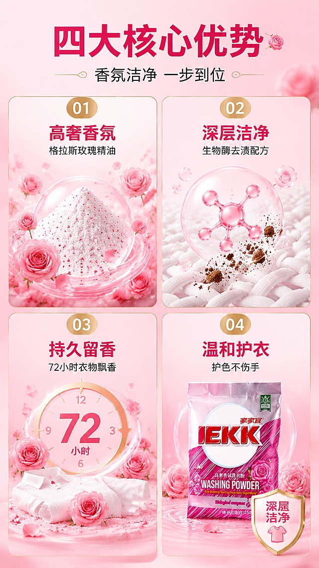[第2屏] 详情页核心卖点解析-家家宜格拉斯玫瑰香氛洗衣粉四大卖点四宫格。本屏使用【图1】作为商品主体参考，保持产品包装外观特征一致。
[氛围/风格] 精致功能说明风，粉金渐变背景，商业摄影质感，信息清晰层级分明。
[元素布局] 画面采用2×2四宫格布局，每格对应一个核心卖点；左上格展示玫瑰香氛粒子环绕洗衣粉颗粒特写，右上格展示生物酶洁净分子分解污渍示意图，左下格展示72小时留香时钟图标+衣物留香示意，右下格展示洗衣粉包装袋正面全貌缩小版+深层洁净标签；四格之间有细金线分隔，整体统一在粉色渐变背景上。
[光影质感] 均匀柔光照明，每格内主体清晰突出，轻微投影增加立体感，整体明亮干净。
[配色色系] 全局底色 #FFF0F5 渐变至 #FFE0E9；主色玫红 #D6336C；辅助色金色 #C9A961、白色、浅灰。
[视角构图] 正面平视，四宫格对称布局，阅读动线左上→右上→左下→右下，顶部有总标题区。
[文字版式] 顶部居中主标题「四大核心优势」，玫红粗黑体；副标题「香氛洁净 一步到位」，细黑体；每格内上方编号01/02/03/04金色圆角标，下方卖点标题4-6字粗黑体，再下一行小字说明不超过12字；01格「高奢香氛」「格拉斯玫瑰精油」；02格「深层洁净」「生物酶去渍配方」；03格「持久留香」「72小时衣物飘香」；04格「温和护衣」「护色不伤手」；文字清晰可读，手机端适配。
[比例分辨率] 9:16 竖版比例，4K 分辨率，文字清晰可辨，高清画质。
[负向提示词] 文字错乱，文字过小，产品变形，颜色偏差，水印，四格比例失调，背景杂乱。