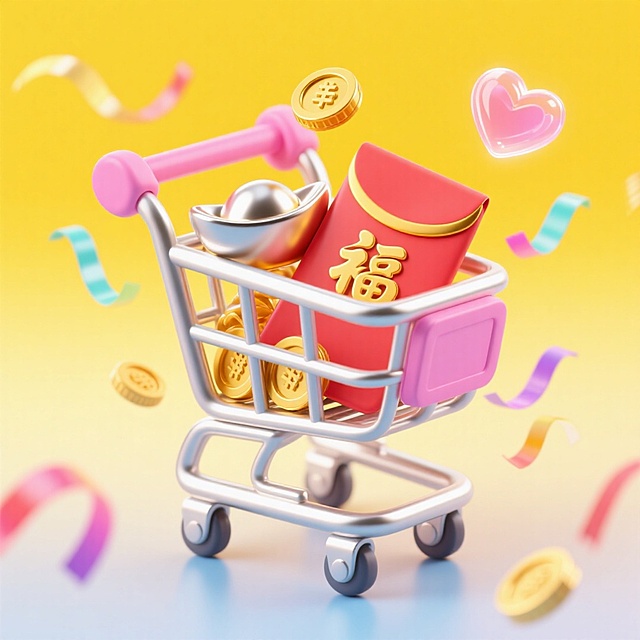 一个购物车，里面有红包、金币、元宝，点缀彩带、爱心，黄色渐变背景