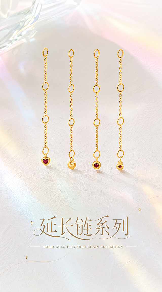 【延长链系列主视觉头图-彩色玻璃光影风】
[商品] 使用图一中的四款延长链（爱心款、福袋小圆饼款、水泡圆宝款、葫芦款，从左到右排列）；严格100%还原每款的原始造型、尺寸比例、三调节环结构、链条粗细、尾坠形状，足金原色温润黄金色泽，古法金磨砂质感，圆润边缘，天然红宝石颜色和镶嵌结构不变；去除所有透明鱼线。
[画面] 四款延长链纵向悬挂，从左到右整齐排列，产品位于画面上半部分，占画面40%。背景完全参考图二的白色石膏肌理台面+彩色玻璃光影效果（粉绿黄蓝等柔和彩色光斑透过玻璃投射在背景上），梦幻高级的珠宝摄影风格。去除图二中的四叶草项链，只保留背景环境（白色台面+彩色玻璃光影）。长竖版比例，上下有充足留白。
[视觉] 风格=高端时尚轻奢珠宝商业摄影；主标题字体=创意设计字体，融合衬线体的优雅与现代设计感，笔画有粗细对比，部分笔画有流畅的曲线装饰，浅金棕色带细微金属光泽，参考字体图中的优雅衬线+创意笔画设计风格；英文字=纤细优雅衬线体，拉开字距，浅金色；主色=纯净奶白+彩色玻璃光影（完全参考图二背景色调质感）；背景延展=白色石膏肌理台面+柔和彩色玻璃光斑，粉绿黄蓝渐变光影，梦幻高级质感；强调色=浅金棕色；组件=细金线装饰、星光点缀；光影=透过彩色玻璃的柔和自然光，金属高光细腻温润，古法磨砂质感清晰，投影柔和自然，无过曝高光。
[文字] 画面下方居中偏下排版：主标题"延长链系列"（创意设计字体，浅金棕色，大字号，笔画有设计感和优雅曲线，有细微金属质感），主标题下方一行英文小字"SOLID GOLD EXTENDER CHAIN COLLECTION"（纤细衬线体，拉开字距，浅金色），英文两侧有细金线装饰。文字不遮挡产品主体。
[规格] 宽度850px，长竖版比例约1:1.8，2K，quality=high。严格禁止：鱼线、四叶草项链、黄金发白发银、产品造型变形、背景颜色偏离图二、文字遮挡产品、彩色光影过于艳丽。