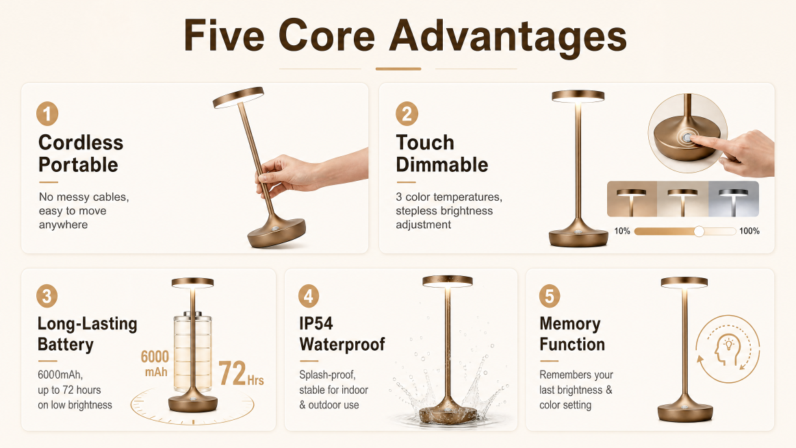 [第2屏] 本屏功能定义：亚马逊高级A+ Web端核心卖点总览，Rechargeable Cordless Table Lamps五大核心优势展示。
[氛围/风格] 简约清晰的信息展示，浅暖米色背景，预览效果
