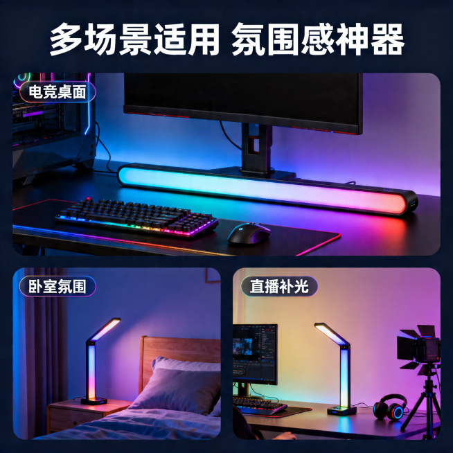 科技时尚风，多场景融合，实用性展示。三宫格拼图，上半部分为RGB拾音灯放置在电竞桌面的使用场景，左下为拾音灯放置在卧室床头作为氛围灯的场景，右下为拾音灯放置在直播间作为背景补光的场景，三张图光影色调统预览效果