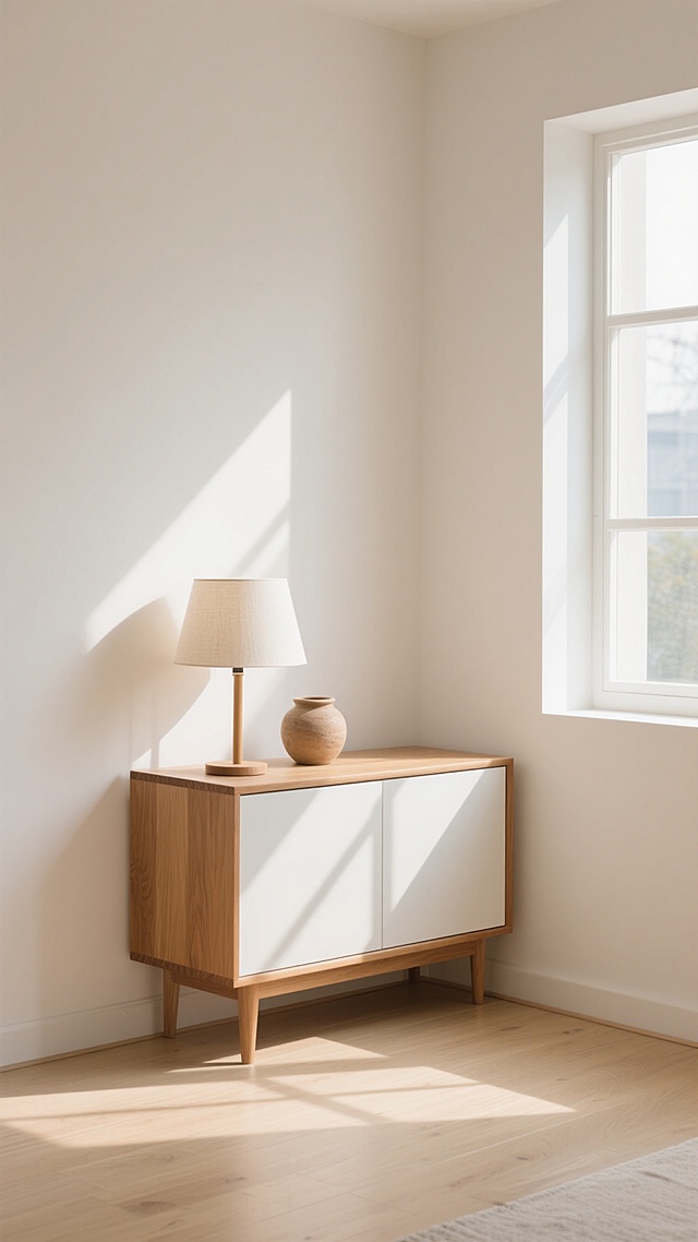 一个简约现代风格的居家角落背景，温暖柔和的自然光从窗户斜射进来，在米白色的墙面和浅色木地板上投下清晰的光影，角落里摆放着一个原木色与白色相结合的边柜，柜子上有一盏米白色灯罩的台灯和一个小巧的装饰陶罐，整体氛围宁静、明亮、舒适，展现出简约而不失温馨的居家环境感。