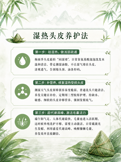 以image1的端午绿竹叶粽子背景和中式标题边框风格为参考，按照image2的分段排版方式，编辑新内容：标题改为「湿热头皮养护法」，内容分三步：第一步：祛湿热，做浅层疏通，说明文字：梅雨季头皮最怕“闷预览效果