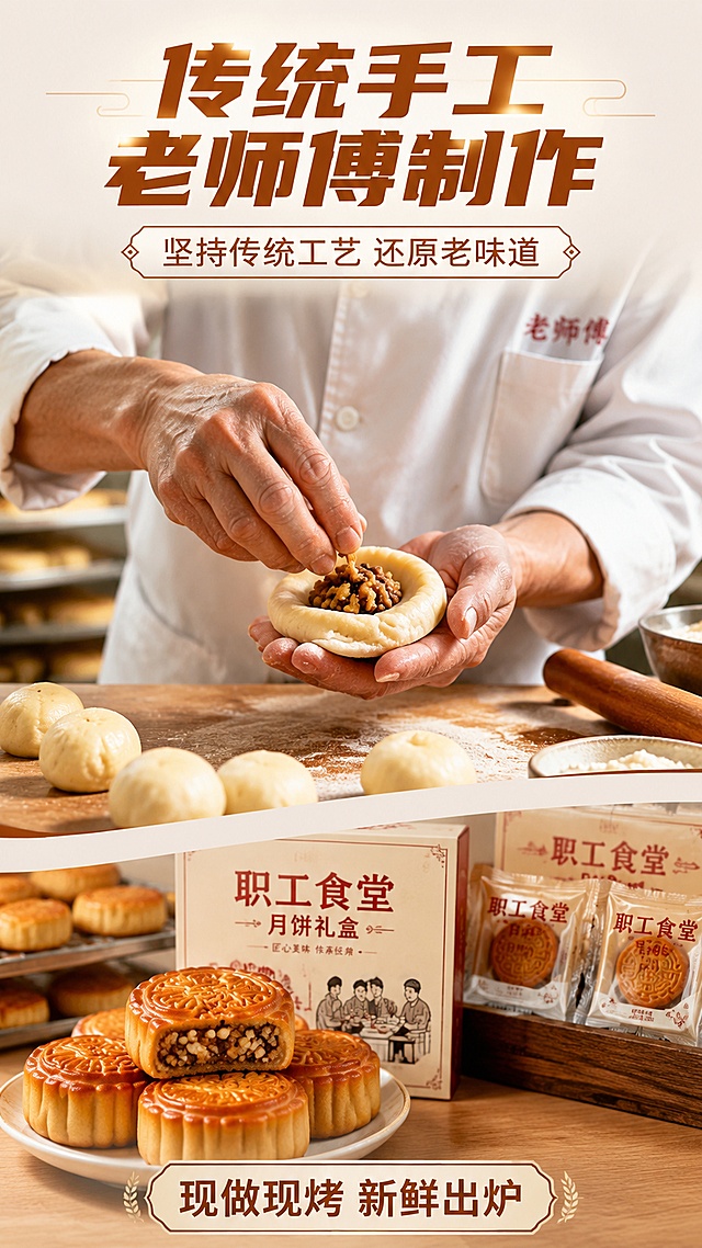 使用商品详情页技能根据商品图「图片1」「图片1」「图片1」「图片1」「图片1」「图片1」「图片1」生成详情页，参考图为，商品名称为职工食堂月饼，卖点为风味地道 满满馅料 口口回香 传统工艺 内软外酥 含肉量大于40% 新鲜现发，适配平台为淘宝/天猫，图片比例为9:16，需求屏数为8张，图片要高级明亮4k质感，要有酥皮特写、火腿馅料颗粒、现烤车间实拍、礼盒包装展示、中秋送礼场景、日常茶点场景、贵州本地特色、职工食堂背景、老师傅制作过程。
