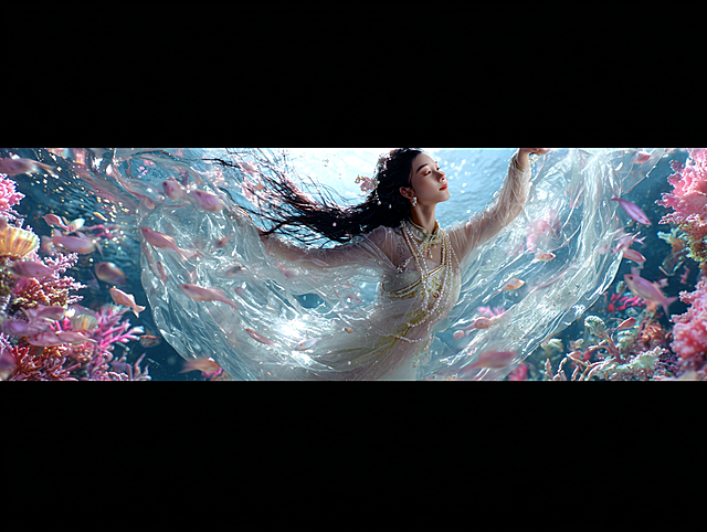 A beautiful Chinese girl dancing gracefully underwater, wearing a translucent qipao with pearl and seashell decorations, long hair flowing like seaweed, ethereal expression. Deep ocean background, glowing bioluminescent corals, schools of pink luminescent fish swimming around, giant pearl oysters, sunlight rays refracting through water surface, bubbles floating upwards. Dreamcore, Surrealism, Chinese traditional aesthetics, high detail, 8k resolution, cinematic lighting, volumetric lighting, water caustics effects, soft focus, magical atmosphere. Slow motion swimming dance, hair and clothes drifting with the water current, fish gathering around the dancer, camera following the movement smoothly