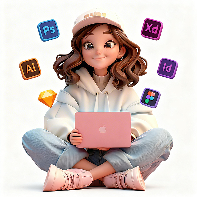 完全去除画面中所有圆点和星星点缀装饰，参考上传图片中的Sketch图标，将现有的Sketch图标修改为参考图里的橙色钻石造型，保持其他设计图标不变，图标不遮盖人物，保留人物整体3D卡通造型，整体风格统一自然