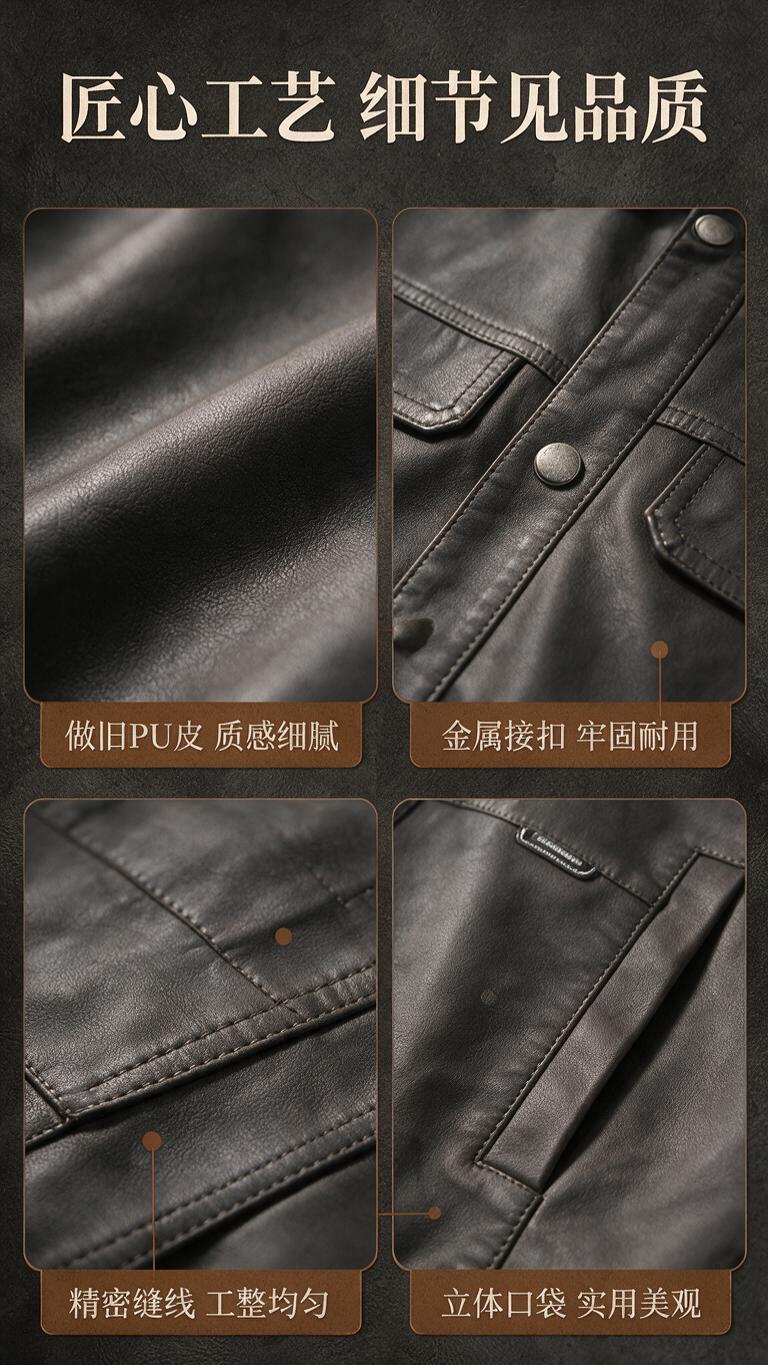 [商品] 使用【图1】深灰色复古做旧翻领PU皮夹克；商品处理：… - 图片创意预览