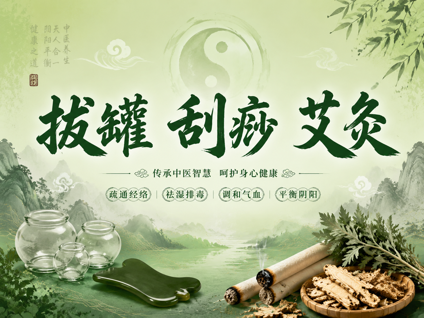 一张4:3比例的服务项目宣传图，中医养生风格，以浅绿色和深绿色… - 图片创意预览