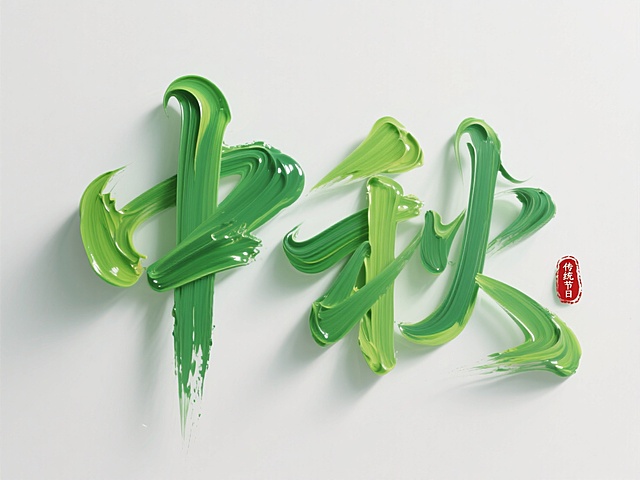 东方禅韵化表达，“中秋”字，空间感立体书法艺术作品，具有流动的笔触，立体饱满的笔画，颜料为各种绿色油画和丙烯混合颜料，右下角搭配红色印章“传统节日”，背景干净