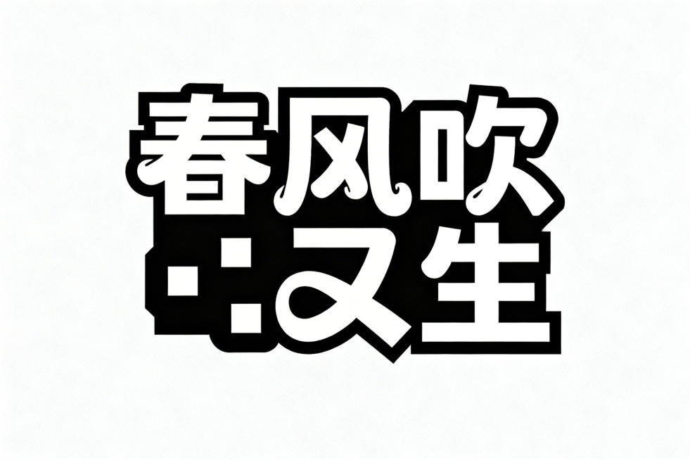 汉字艺术字体设计，文字内容“春风吹又生”，横向排版，白字，纯黑色背景，极简风格，扁平矢量图形，黑体变形设计，笔画边缘厚重，夸张的笔画张力和连笔处理，极具艺术感，笔画粗细均匀无变化，每个笔画都带有俏皮弧预览效果