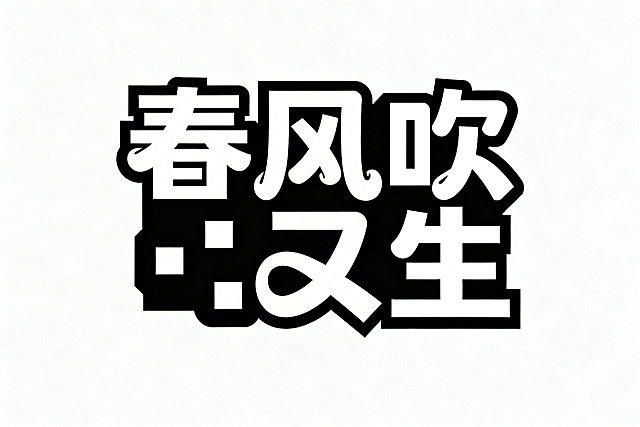 汉字艺术字体设计，文字内容“春风吹又生”，横向排版，白字，纯黑色背景，极简风格，扁平矢量图形，黑体变形设计，笔画边缘厚重，夸张的笔画张力和连笔处理，极具艺术感，笔画粗细均匀无变化，每个笔画都带有俏皮弧度，用方形代替点笔画，整体体现青春活力的感觉，极简风格，笔画边缘厚重，俏皮弧度